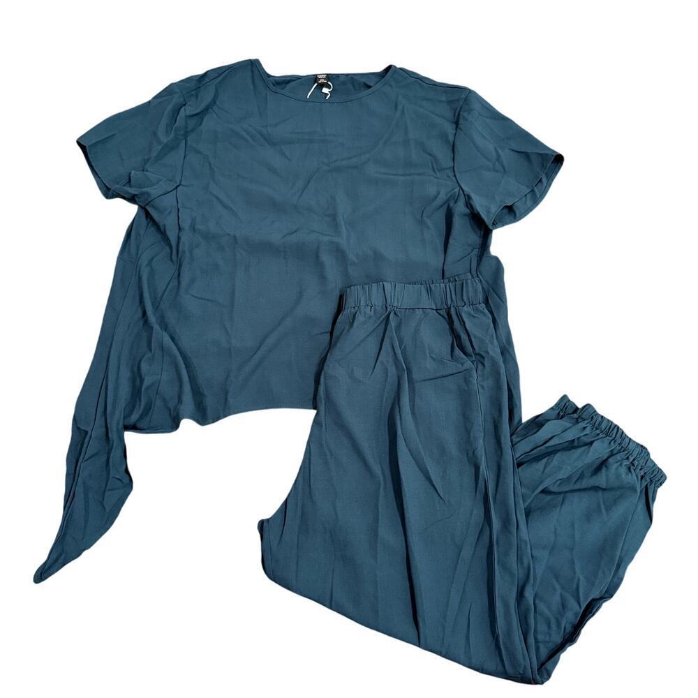 Women's 2 Piece Set Tie Blouse & Elastic Waist Pants in Teal Blue, Size 2XL​​